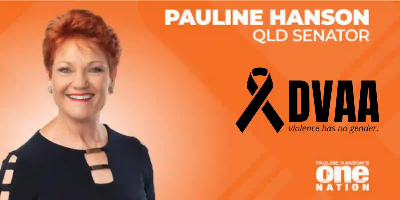 Pauline Hanson speaking on domestic violence as a two-way street, beside the DVAA logo and tagline violence has no gender.